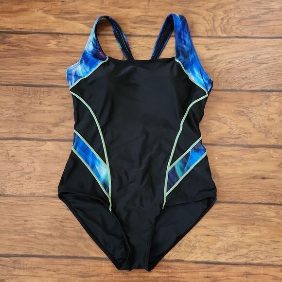 Attraco UPF 50+ racerback athletic 1piece black and blue swimsuit women's XL - Picture 1 of 5
